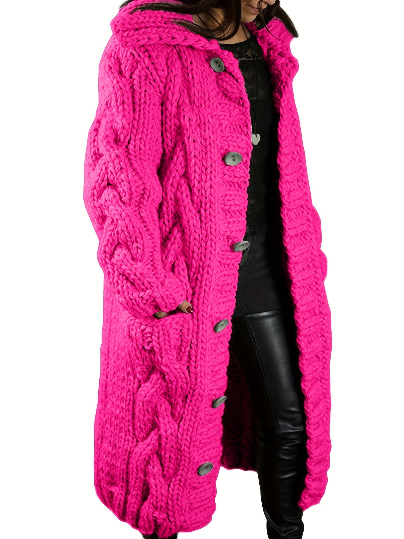 Plus Size - Cardigan for Women in Fall And Winter - Casual Plus Size, Oversized Design with Long Sleeves Featuring a Cable Pattern, Single Row of Buttons, Pockets, And a Long Length. Made from Soft Fabric, It Can Be Hand Wash