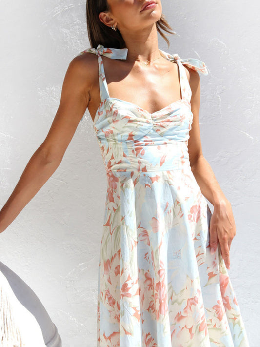 V-Neck Print Waist-Cinching Dress | SCACTO Women'S Design Sense Dress with Strap Design, Long Sleeve, Button Details, Perfect for Spring/Fall