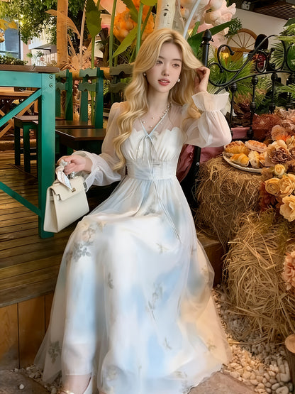 Elegant Julie French New Style Dress | Mint Temperament, Gentle Tulle with Cloud Print, Tie Waist Design, Off the Shoulder, Perfect for Spring/Summer/Fall