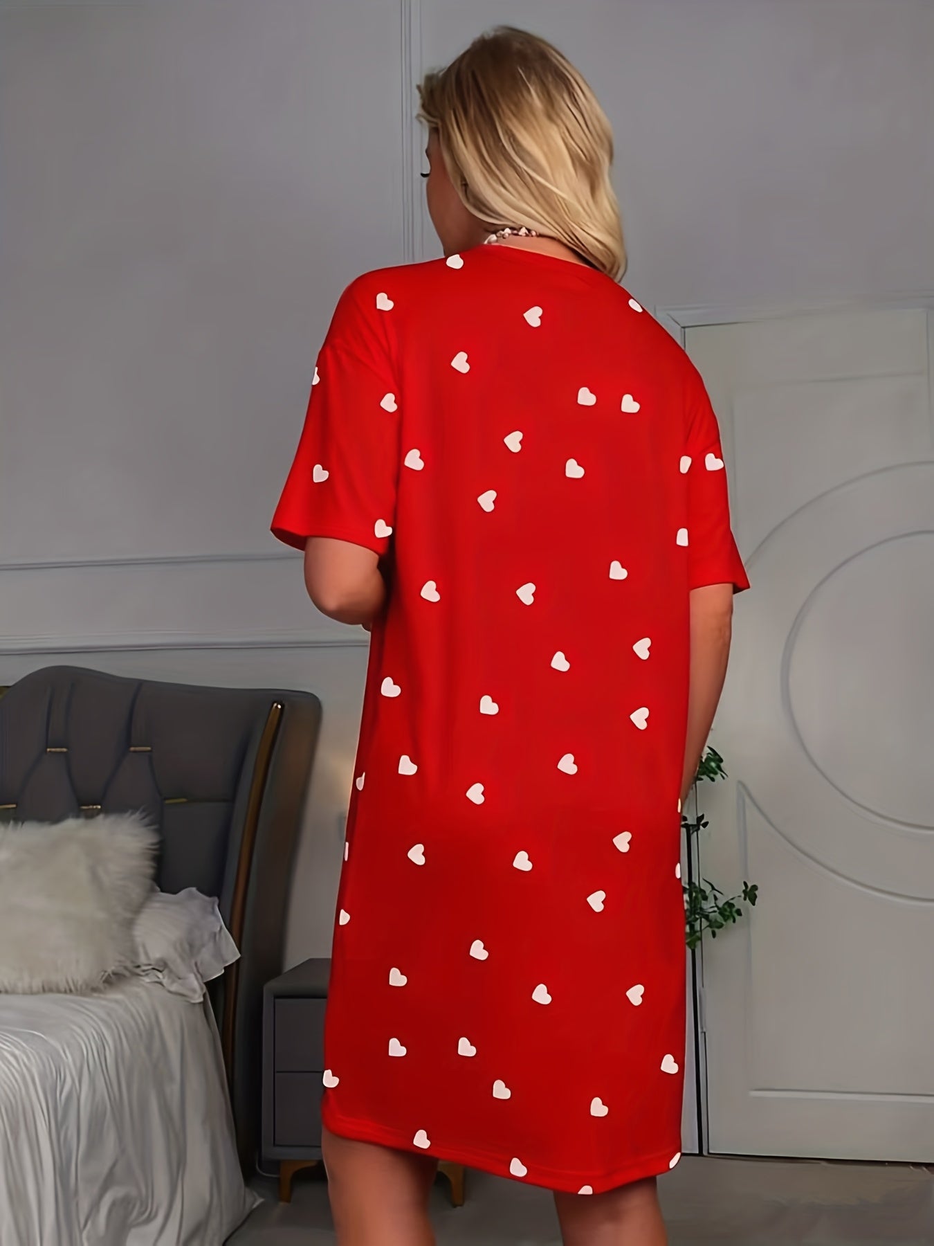 Women's Red Pajama Dress with "LET ME SLEEP" Slogan & Heart Cutouts - Short Sleeve Round Neck Sleepwear Nightgown, Machine Washable All-Season Nightdress for Bed, Lounge & ( Sleepwear)