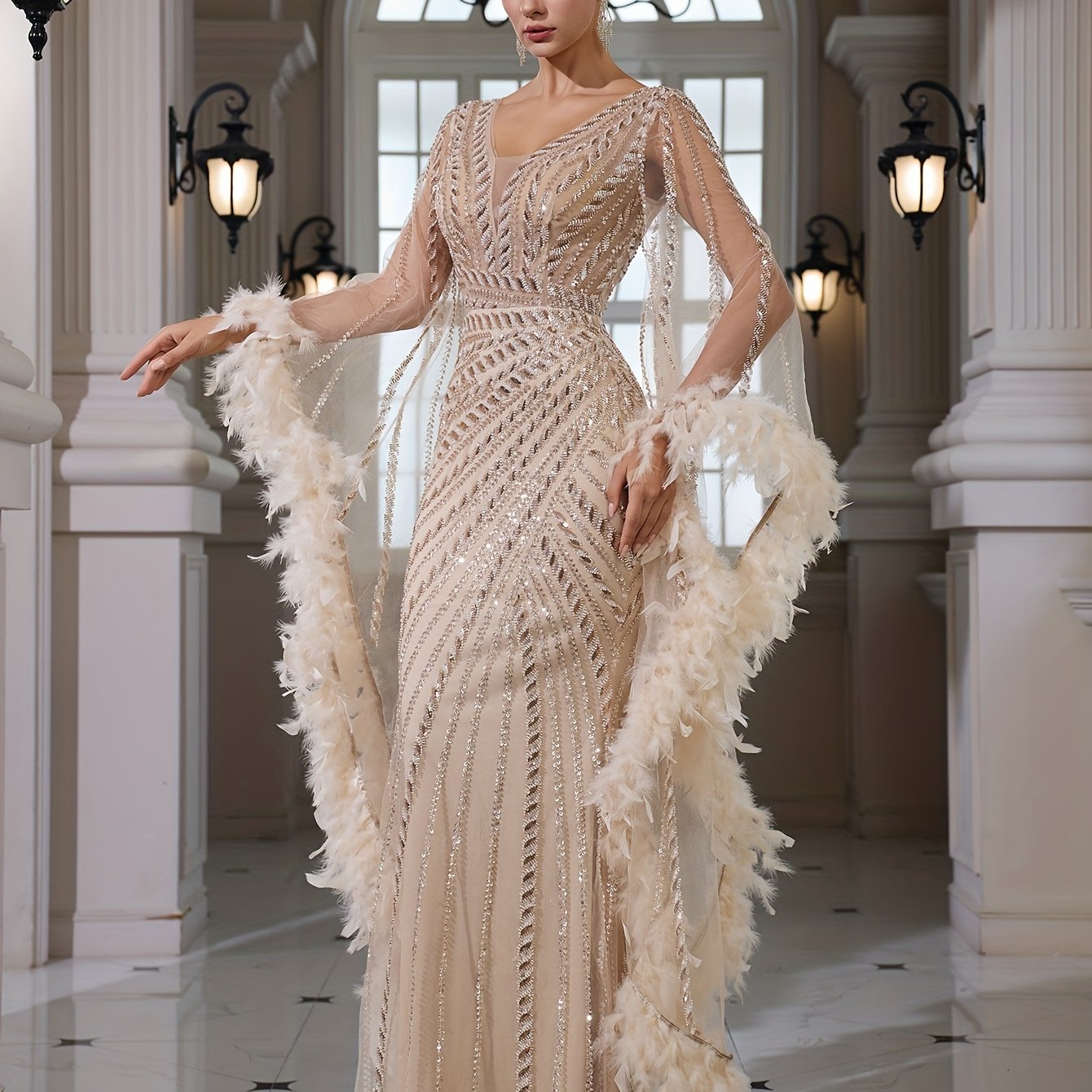 Sequined Lace V-neck Flared Long Sleeve Elegant Sexy Bodycon Mermaid Evening Gown
