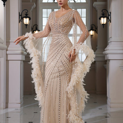 Sequined Lace V-neck Flared Long Sleeve Elegant Sexy Bodycon Mermaid Evening Gown