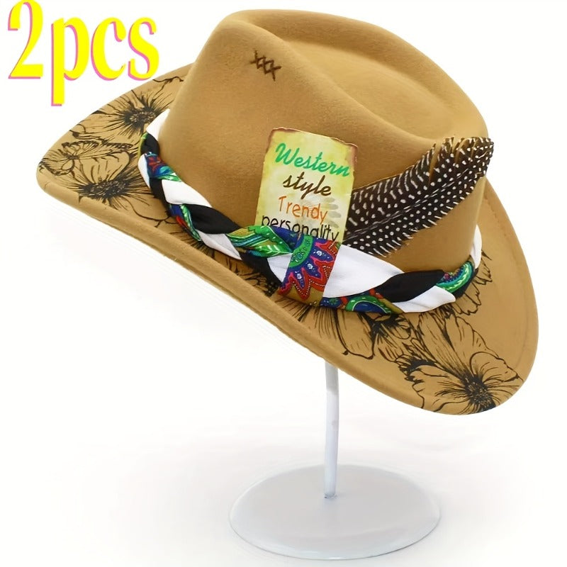 2pcs Men's Cowboy Hat & Headscarf Belt Set - Neutral Western Hat with Classic Scarf, for shows, Rodeo, Themed Parties, Photo Shoots - Durable & Comfortable Gift for Cowboy (Ideal for travel, Holiday Events) - 2pcs Set