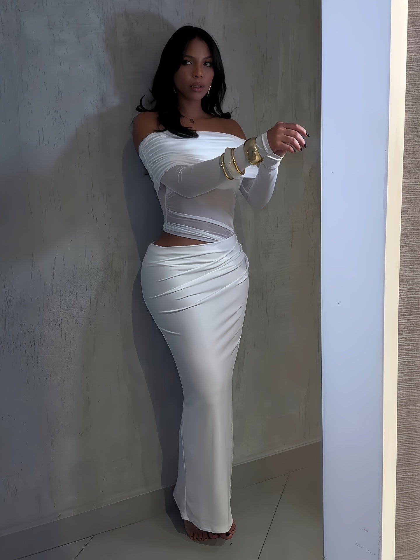Women'S Elegant White Off-Shoulder - Mesh Long-Sleeve Mermaid/Trumpet Mermaid Maxi Dress - Sexy Sheer Formal Evening Gown with Waist-Cut Silhouette, Solid Color Party Wedding Gala Evening Dress for Women - Structured Fit & Fl