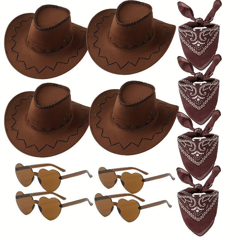 12pcs Western Cowboy Hat Set with Bandanas & Glasses - Adjustable Felt Hats for & s, Unisex Brown/Black Wide-Brimmed Hats with White Paisley-like Patterns, Dress-Up Party Supplies for Halloween, Christmas, Wild West Role Play