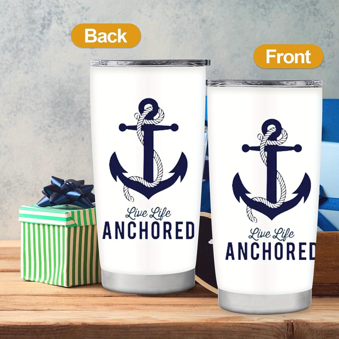 1pc 20oz Nautical Anchor Tumbler, Double Wall Vacuum Insulated Travel Mug with Spill-Proof Lid, Navy Blue Anchor & "Live Life Anchored" Design, Perfect Gift for Dad, Mom, Christmas, Birthdays, Office, Camping, Coffee Cup, Off