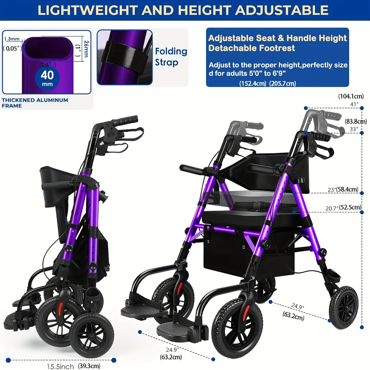 Foldable Rollator Walker with Seat - Heavy-Duty 300 lb Capacity, Lightweight 2-in-1 Mobility Aid with Adjustable Height Seat & Handle, All-Terrain Wheels, Linear Brakes, Ergonomic Backrest & Cushioned Seat - Ideal for Seniors