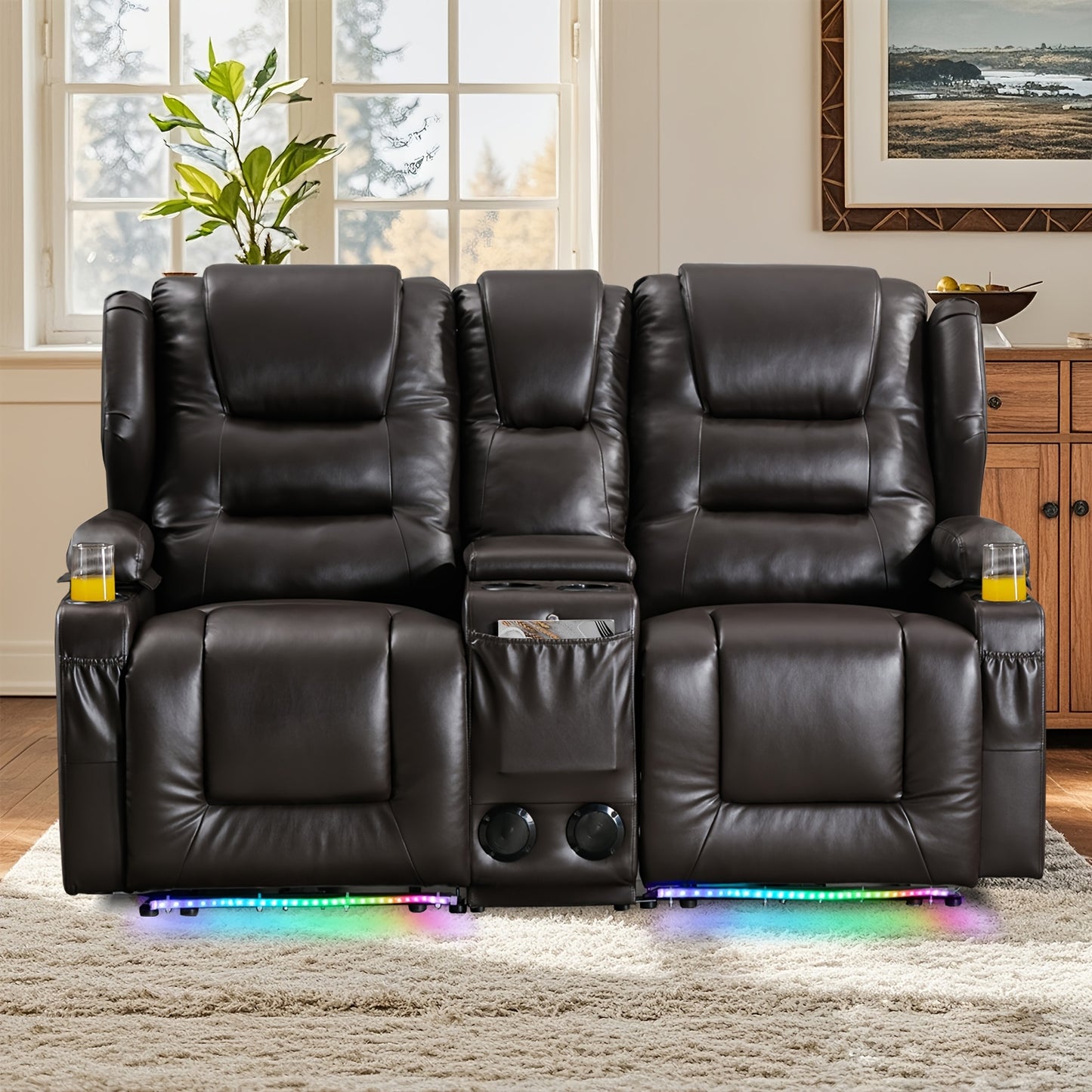 Power Loveseat Recliner With LED Lighting, Home Theater Seating Sofa With Storage & Cup Holders For Living Room RV, Faux Leather
