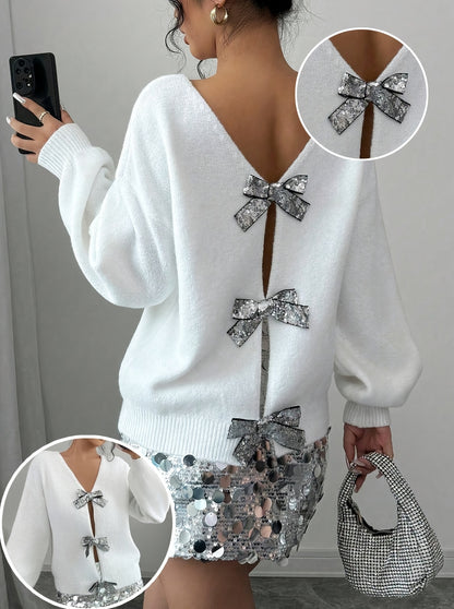 French-Style Sequin Bow-Adorned Loose-Fit Cardigan Sweater with Button Front Placket - Winter Warm Blouse, Casual Elegant Outerwear for Parties Weddings Daily Wear