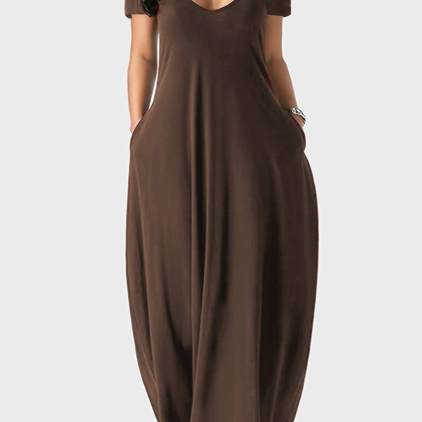 Solid Simple Dress, Casual Short Sleeve Maxi Dress With Pockets, Women's Clothing