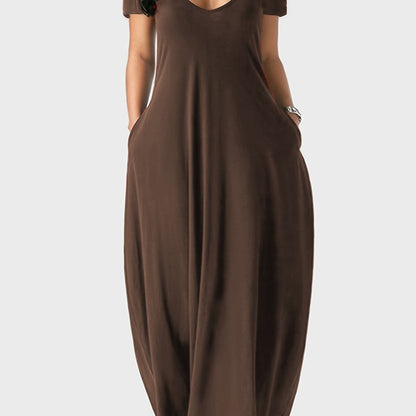 Solid Simple Dress, Casual Short Sleeve Maxi Dress With Pockets, Women's Clothing