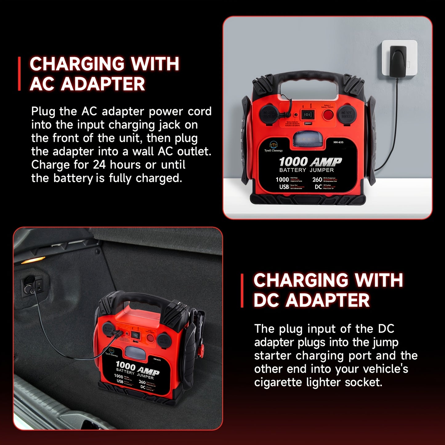 Heavy-Duty 1000A Peak, 12000mAh Fast-Charging Jump Starter with USB/DC Output, Portable Car Battery Booster with LED Light, for Cars, Trucks, SUVs, Boats, RVs - Compatible with Lead Acid/Battery/USB Power - Ideal for Emergenc