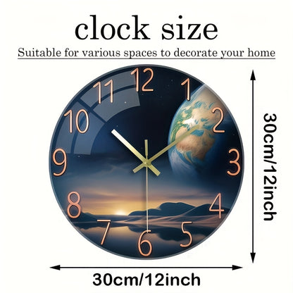 12 Inch Space-Themed Earth Landscape Wall Clock - Thick Tempered Glass, Silent Non-Ticking Modern Round Clock for Living Room, Bedroom Decor - Perfect Birthday & Holiday Gift (AA Battery Operated, Not Included), Sleek Hour Ma