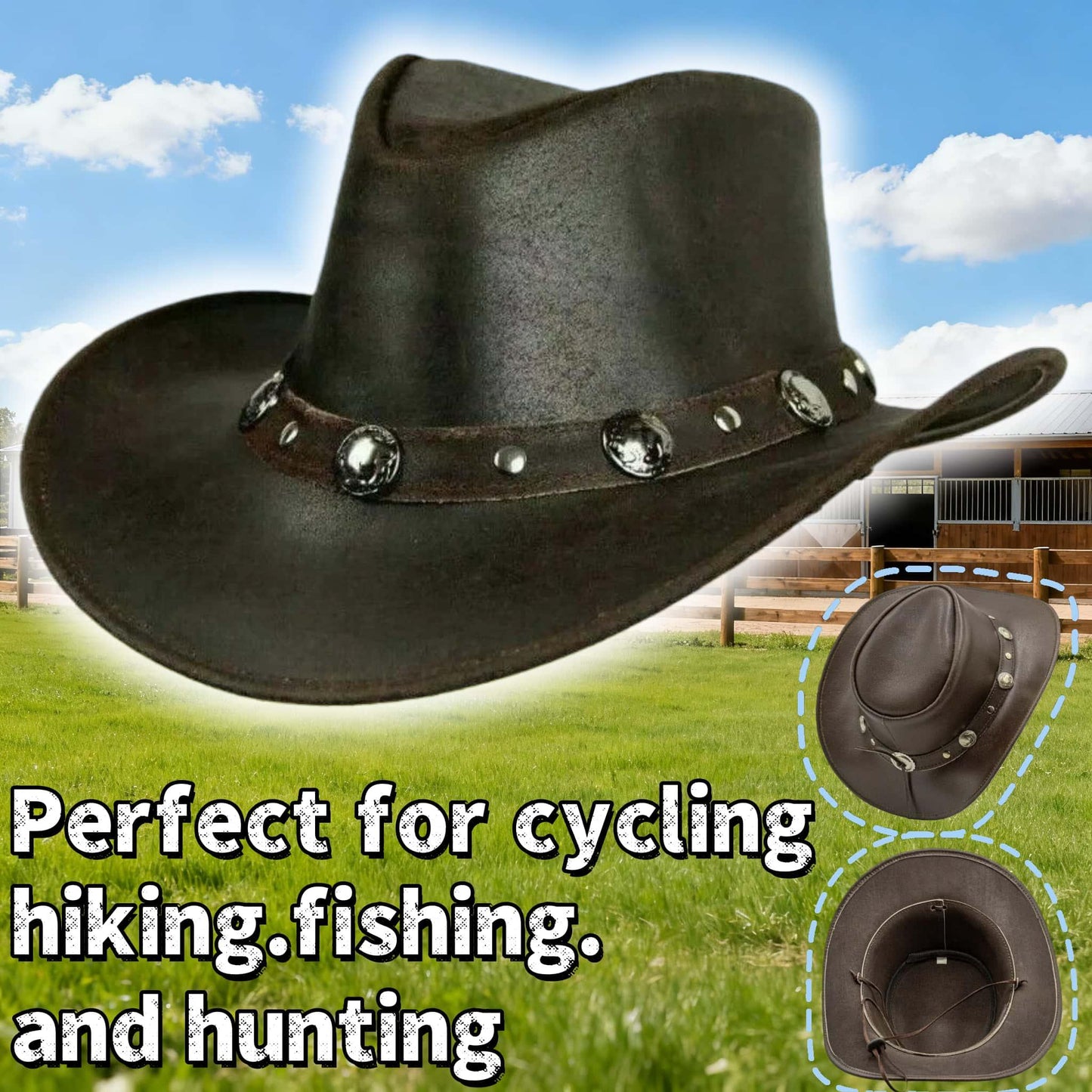 Men and Women Brown Genuine Leather Cowboy Western Hat – Classic Western Hat for Outdoor Adventures, Rodeo, Ranch, Country, Hiking, Travel, Festivals, Camping, Road Trips, Horse Riding, Costume & Halloween Parties – Styli
