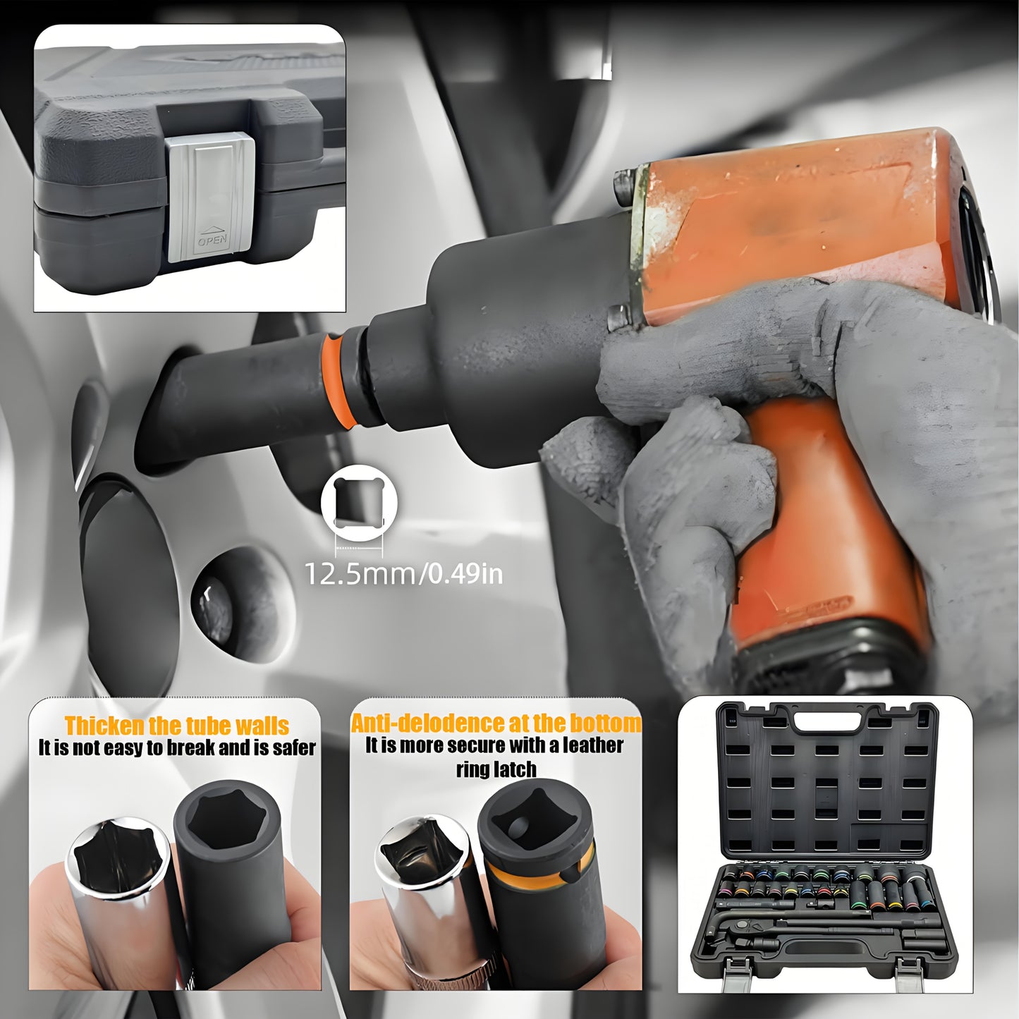 31pcs Heavy-Duty Pneumatic Tool Set with 1/2" Drive Thick-Walled Sockets, Air- Impact Wrench & Extended Tire Sockets - Fit for Car, Truck, Motorcycle, ATV, Repair - Professional Mechanic Tool Kit (No)