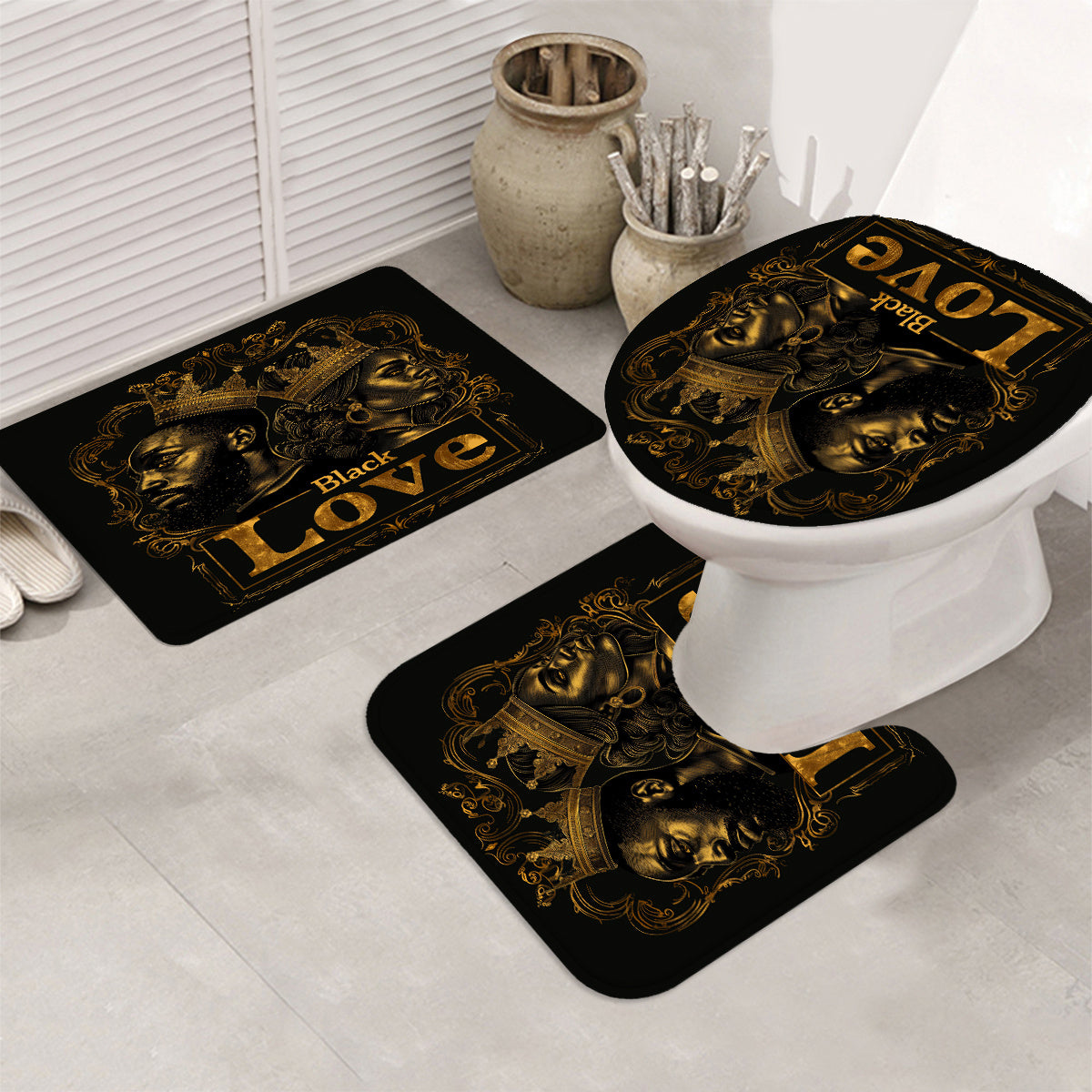 4pcs Black Golden Coronation Ceremony Pattern Printed Shower Curtain Set, Dry and Wet Separation Bathroom Four-piece Set, Home Decoration Shower Curtain with 12 Hooks, Non-slip Mat, U-shaped Toilet Mat, Toilet Seat Mat, Funct