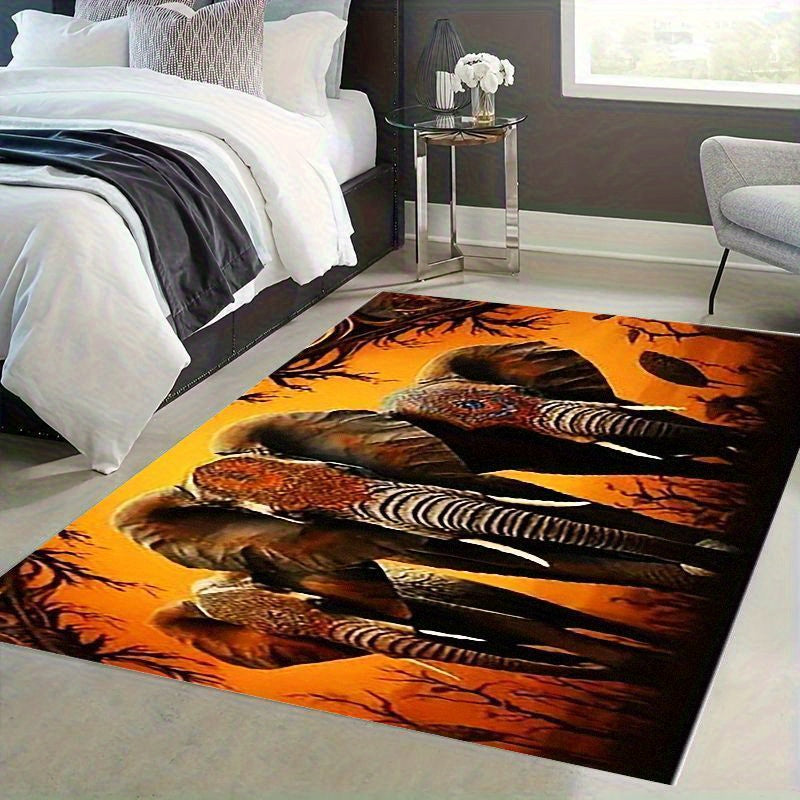 3-Elephant African Tribal Mat - Large Rectangular Floor Mat with Warm Brown/Beige/Black/Orange/ Golden/Gray Tones, Non-Slip Machine Washable Polyester Mat for Living Room, Bedroom, Entryway, Patio - Modern African Decor for H