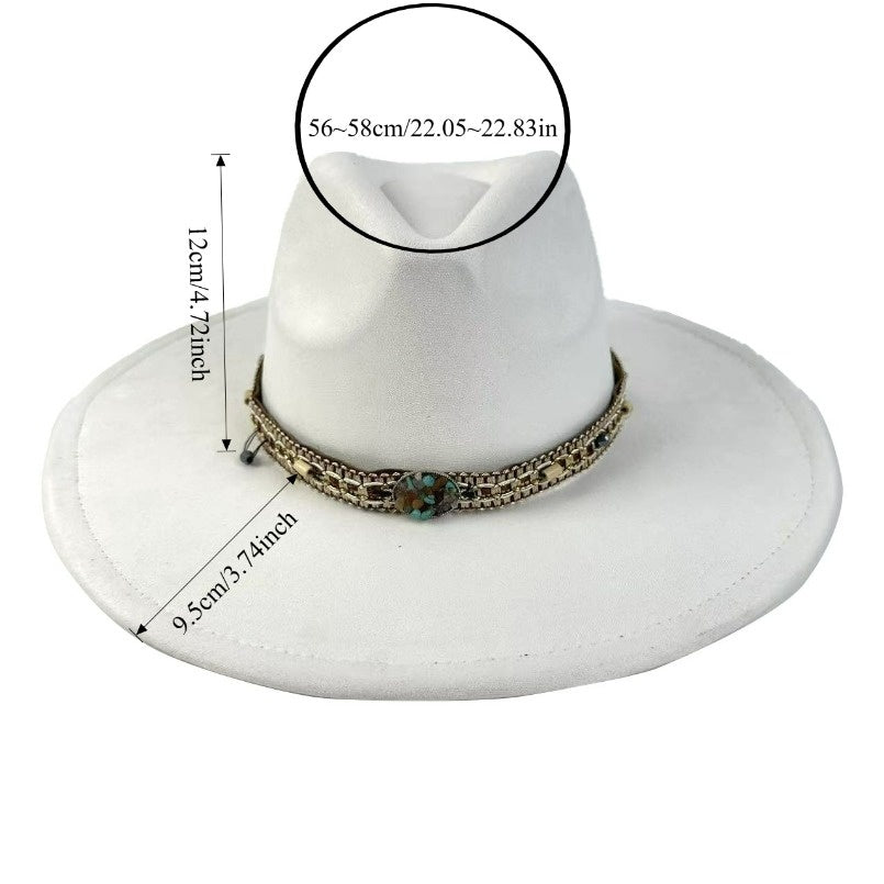 1pc Bohemian-Style Wide-Brimmed Women'S Felt Hat - with a Turquoise Bead Chain Decorative Band - Suitable for Holiday Dress-Up, Cowboy-Inspired Looks, Daily Casual Wear, And As a Photography Prop for Bohemian Home Decor, Fest