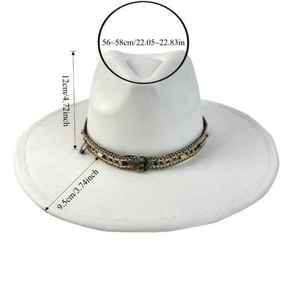 1pc Bohemian-Style Wide-Brimmed Women'S Felt Hat - with a Turquoise Bead Chain Decorative Band - Suitable for Holiday Dress-Up, Cowboy-Inspired Looks, Daily Casual Wear, And As a Photography Prop for Bohemian Home Decor, Fest