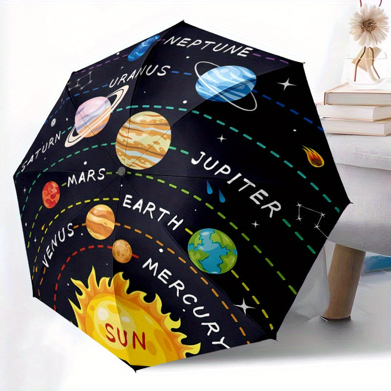 Automatic Open/Close Umbrella with One-Touch Button - Solar System Design (Planets, Stars) - Compact Folding Umbrella with 8-Rib Strong Frame - All-Season Portable Umbrella for Travel, School, Office, Gifts - Space-Themed Dec