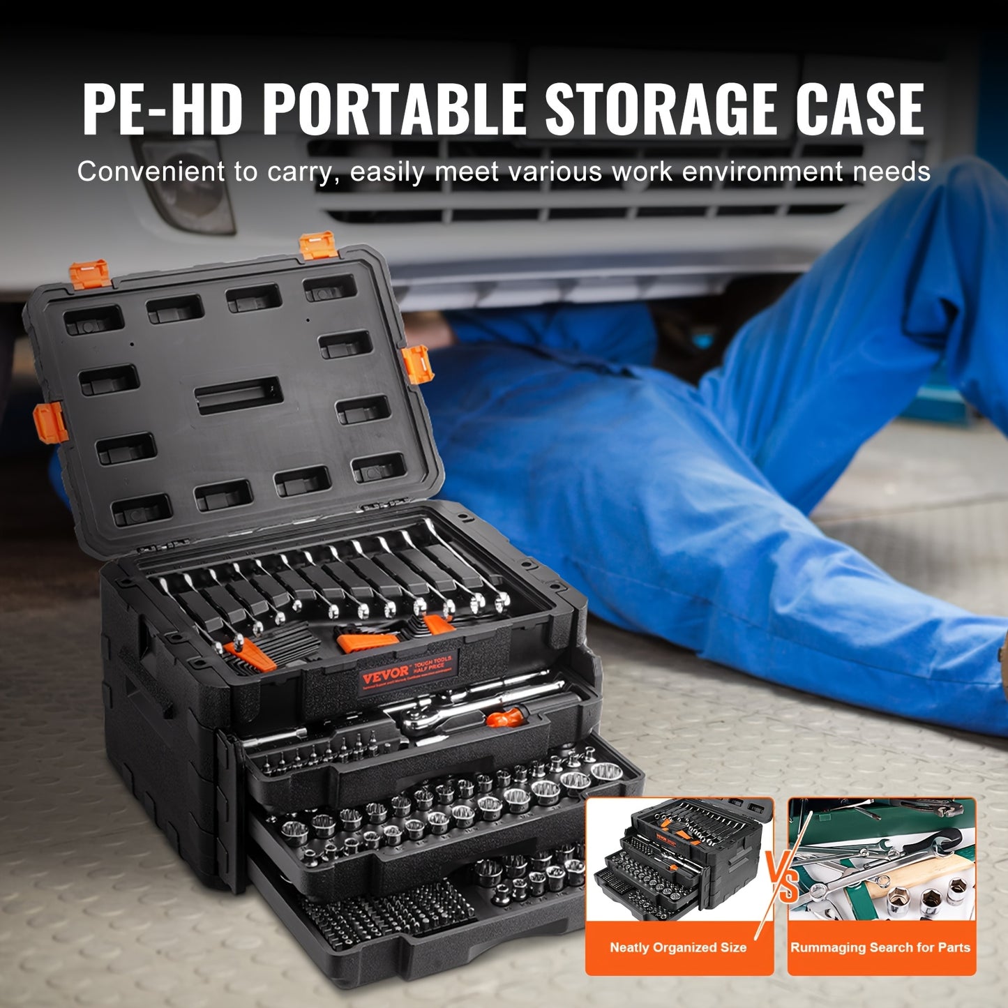 450pcs VEVOR Heavy-Duty Mechanics Tool Set & Socket Kit - 1/4"/3/8"/1/2" Drive SAE & Metric, 450pcs All-in-One Professional/Residential Tool Kit with Deep/Standard Sockets, -Resistant Case, Wrenches, Bolts/Rivets Removal