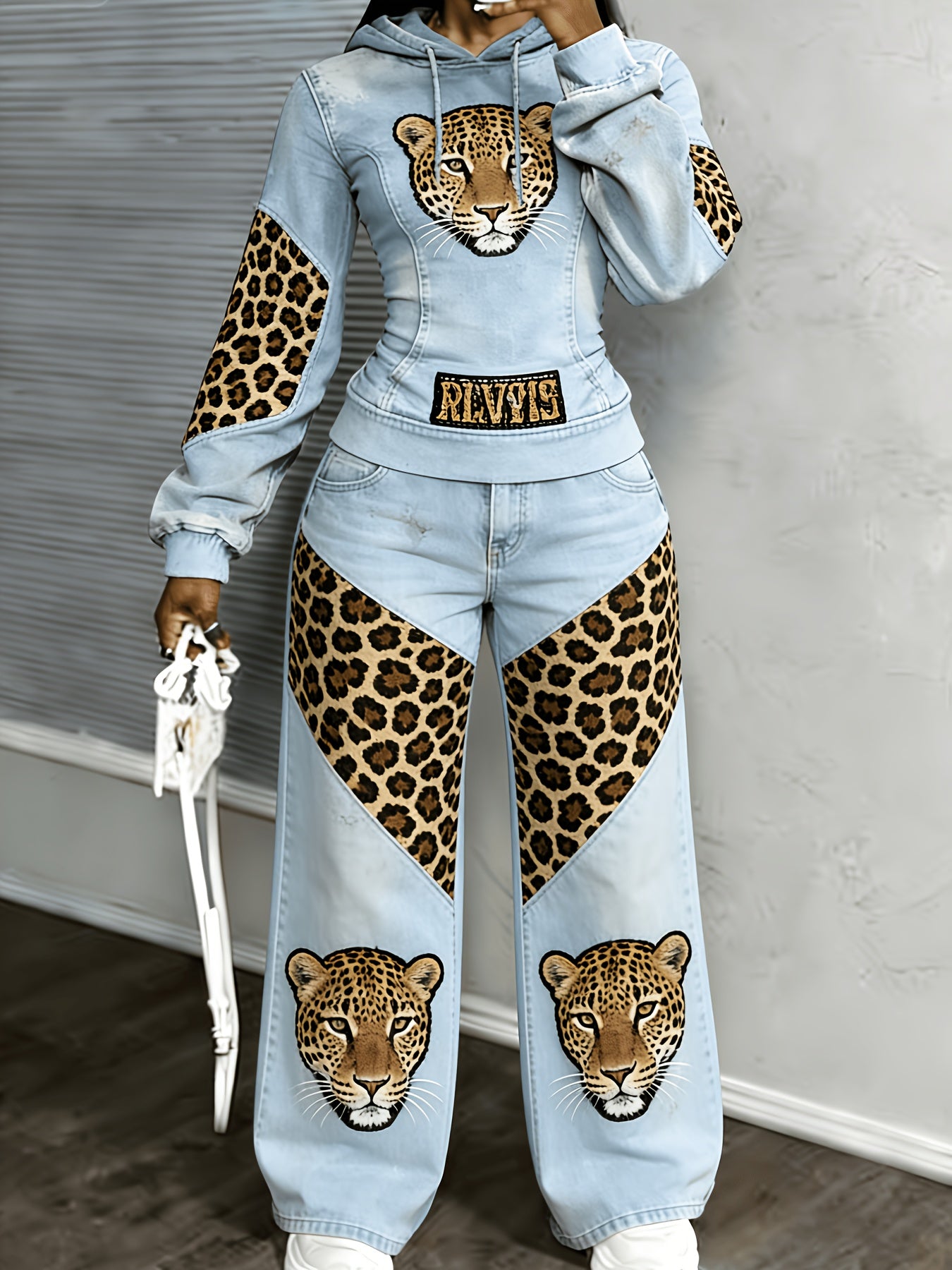 [Printed Pants - Not Denim Fabric] [Non-denim] Women's Flat Print Trendy Casual Long-Sleeved Hooded Drawstring Sport Top + High-Waisted Sport Pants]