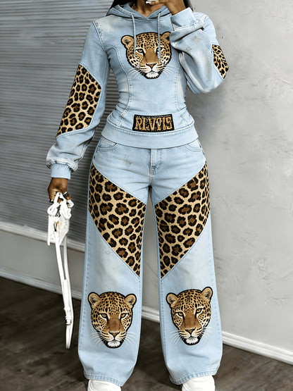[Printed Pants - Not Denim Fabric] [Non-denim] Women's Flat Print Trendy Casual Long-Sleeved Hooded Drawstring Sport Top + High-Waisted Sport Pants]