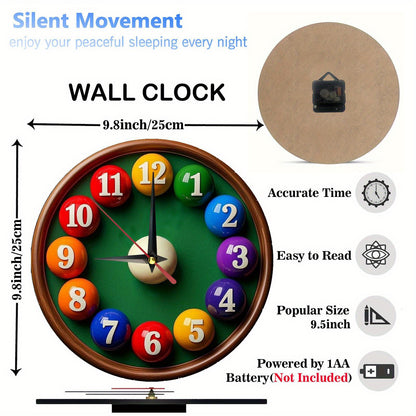 Non-Electric 2D Flat Billiard Theme Wooden Round Wall Clock, Farmhouse Style Home Decor, Suitable for Kitchen, Bedroom, Office, No Ticking Sound, Battery Not Included, St. Patrick's Day Mother's Day Gift, 9.8x9.8 Inches, 2D F