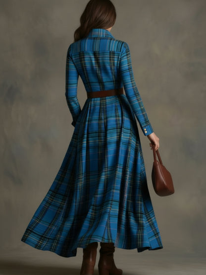 Royal Blue Plaid Waist-Tied Maxi Dress | Retro Eye-Catching Casual Style, a Standout Piece for Date Commutes and Casual Occasions