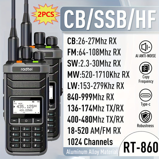 2pcs Radtel RT-860 Ham Radio - Long Range Two-Way Radio with 1024 Channels, NOAA Weather Alerts, Dual HF/VHF/UHF Bands, CB/SSB, Type-C Fast Charging, Aviation AM Receiver, for Ham Radio, Aviation, Emergency, Outdoor, Construc
