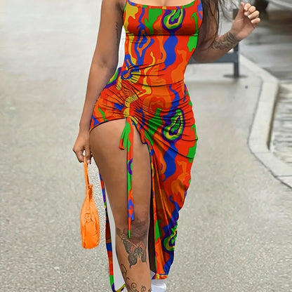 Women's Sexy Geometric Print Open Back Split Hem Dress - Stretchy Spaghetti Strap High Elasticity Machine Washable All-Season Casual to Evening Wear, Street Style Attire | Casual Chic Wear | Accessory Coordination