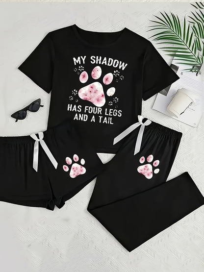 Short Sleeve Long Pants Shorts - Fashionable 3pcs - Unique Design Print Women'S Pajamas, Home Wear