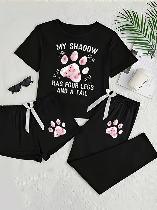 Short Sleeve Long Pants Shorts - Fashionable 3pcs - Unique Design Print Women'S Pajamas, Home Wear