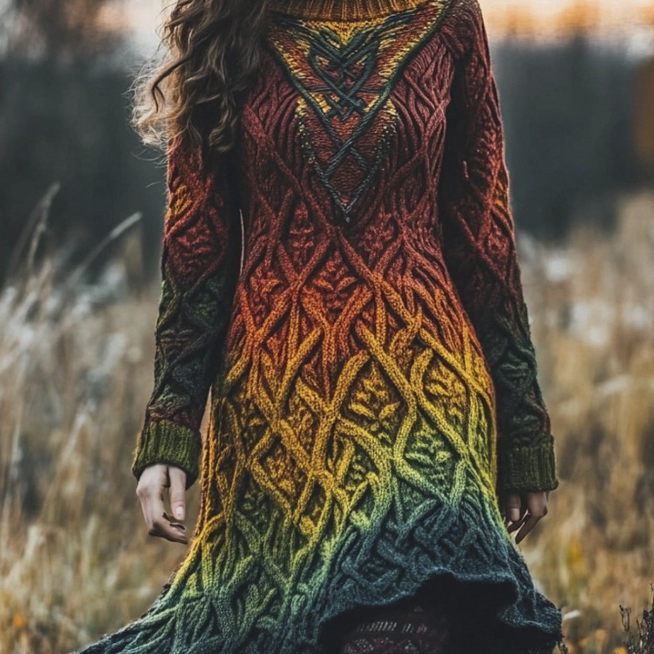 Plus Size - Autumn and Winter New Dress | Casual Versatile Temperament Fashion Slim Retro Fried Dough Twists Long Sleeve Women'S Wear, Midi Length, Slight Stretch Fabric, Lapel Collar, Weekend Casual Style.