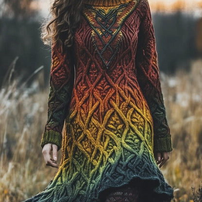Plus Size - Autumn and Winter New Dress | Casual Versatile Temperament Fashion Slim Retro Fried Dough Twists Long Sleeve Women'S Wear, Midi Length, Slight Stretch Fabric, Lapel Collar, Weekend Casual Style.