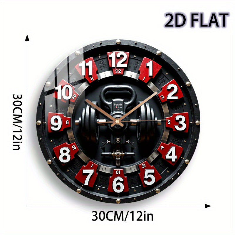 12 Inch Fitness-Themed Silent Wall Clock with Dumbbell Design - Quartz Battery-Powered Modern Gym Decor, Red/White Numbered Segments, Manual Shut-Off, Glass Round Clock For Home, Bedroom, Fitness Room Decor, Bedroom Timepiece