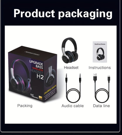 Wireless Headphones, Portable Over Ear Headphones 24 Hours Playtime, With Mic, Clear Calls, FM Radio, Soft-Earpads, LED Light, Support TF Card Play And 3.5MM AUX Cable Wired Connection, Foldable For Travel Home Office Cellpho