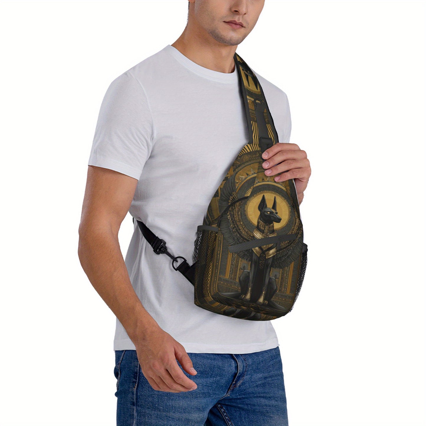 Men'S Egyptian Mythology Anubis God Print Chest Sling Bag - Active Lifestyle Crossbody Pack with Adjustable Strap, Zipper Closure & 2D Flat Printing - Lightweight Durable Design for Cycling, Travel, Everyday Use - Stylish Gif
