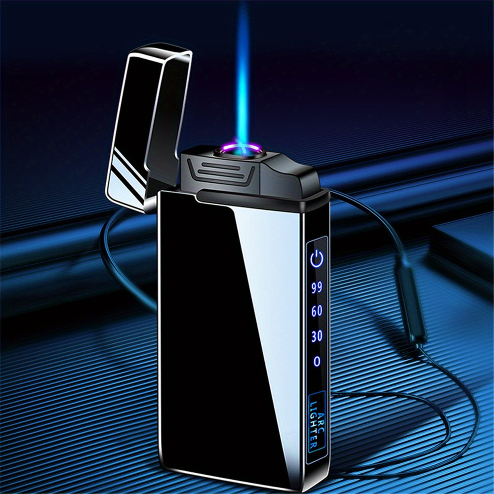 This Is a Dual Arc Gas And Electric Lighter That Features a 2-In-1 USB Charging Capability. It Is a Refillable Butane Jet Flame Torch Lighter Equipped with a Flashlight And an LED Power Display