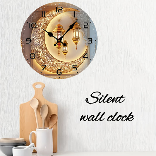 10 Inch Golden Moon Lantern Eid Backdrop Clock - European Style Silent Wall Clock with Wood Veneer, Ornate Floral Patterns & Golden Lanterns - Battery Operated (AA Not Included) - Perfect for Living Room, Study Decor, New Yea