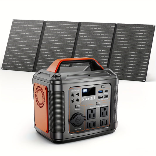 SBAOH 300W Solar-Powered Portable Generator with 60W Solar Panel, 8000mAh 296Wh Battery, AC/DC Outlets, Fast Charging, Flashlight, RV & Emergency Backup for Camping, Outdoor, Power Outages - Orange, Solar Power Generator, Out