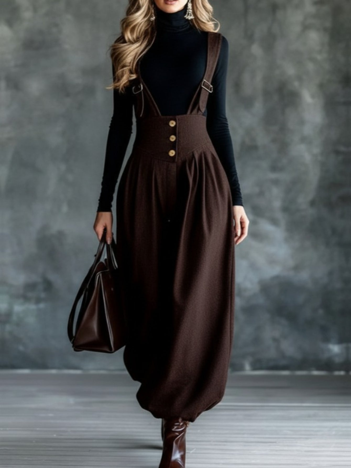 Brown Suspender Wide-Leg Pants for Women | Vintage-inspired, elegant, and sophisticated style. Perfect for commuting, dates, and autumn/winter occasions.