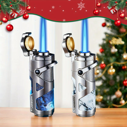 3-in-1 Windproof Refillable Butane Torch Lighter with Punch & Draw Enhancer - Jet Blue Flame Lighter Suitable for Camping, BBQ, Outdoor - Heavy-Duty Zinc Alloy (No Fuel Included)