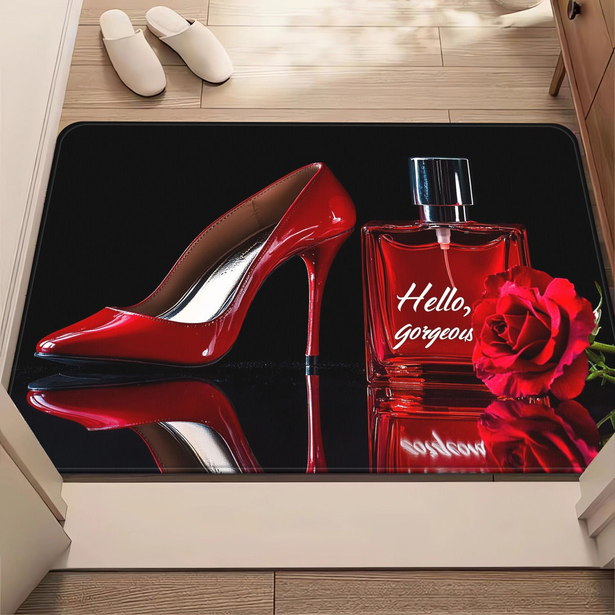 1pc Fashion-Themed High-Heel Shoe & Perfume Bottle Design Door Mat - Absorbent Microfiber, Machine Washable Polyester Rug for Bathroom, Bedroom, Living Room Entrance, Shoe