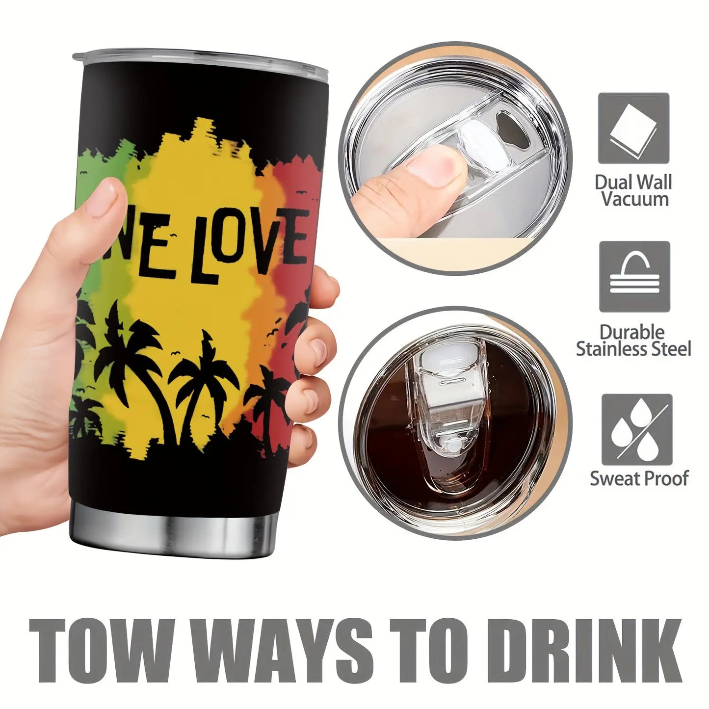 1-Pack 20oz Insulated Stainless Steel Tumbler with Lid - One Love Reggae-Themed Leakproof & -Slip Travel Cup, Green/Yellow/Red Rasta Colors, Flag Design for Camping, Office, Parties - Hand Wash Only (Bob Marley Inspired)
