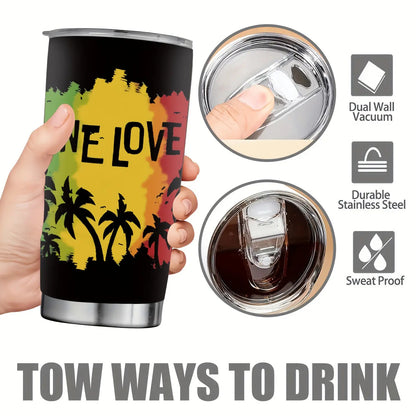 1-Pack 20oz Insulated Stainless Steel Tumbler with Lid - One Love Reggae-Themed Leakproof & -Slip Travel Cup, Green/Yellow/Red Rasta Colors, Flag Design for Camping, Office, Parties - Hand Wash Only (Bob Marley Inspired)