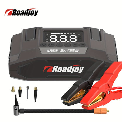 Roadjoy 7000A Peak Portable Jump Starter with Air Compressor, 150PSI Digital Tire Inflator, 12V Car Battery Charger, 2.11gal Gas/Diesel Engine, Fast Charge USB QC18W, LED Emergency Light, Power Bank & Power Station, USB-Power