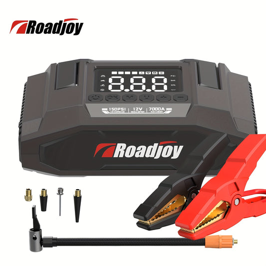Roadjoy 7000A Peak Portable Jump Starter with Air Compressor, 150PSI Digital Tire Inflator, 12V Car Battery Charger, 2.11gal Gas/Diesel Engine, Fast Charge USB QC18W, LED Emergency Light, Power Bank & Power Station, USB-Power