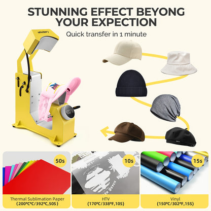 Valentine'S Day Gifts Heat Press Machine 3 In 1 Auto Cap Press With A Duckbill Cap And 5 Sheets Of DTF Transfer Paper, 6x3.9/6x2.8/5.5x3 Inch Yellow Cap Press With Digital Screen, Full Coverage Heating Tube, Even Heating, Rap
