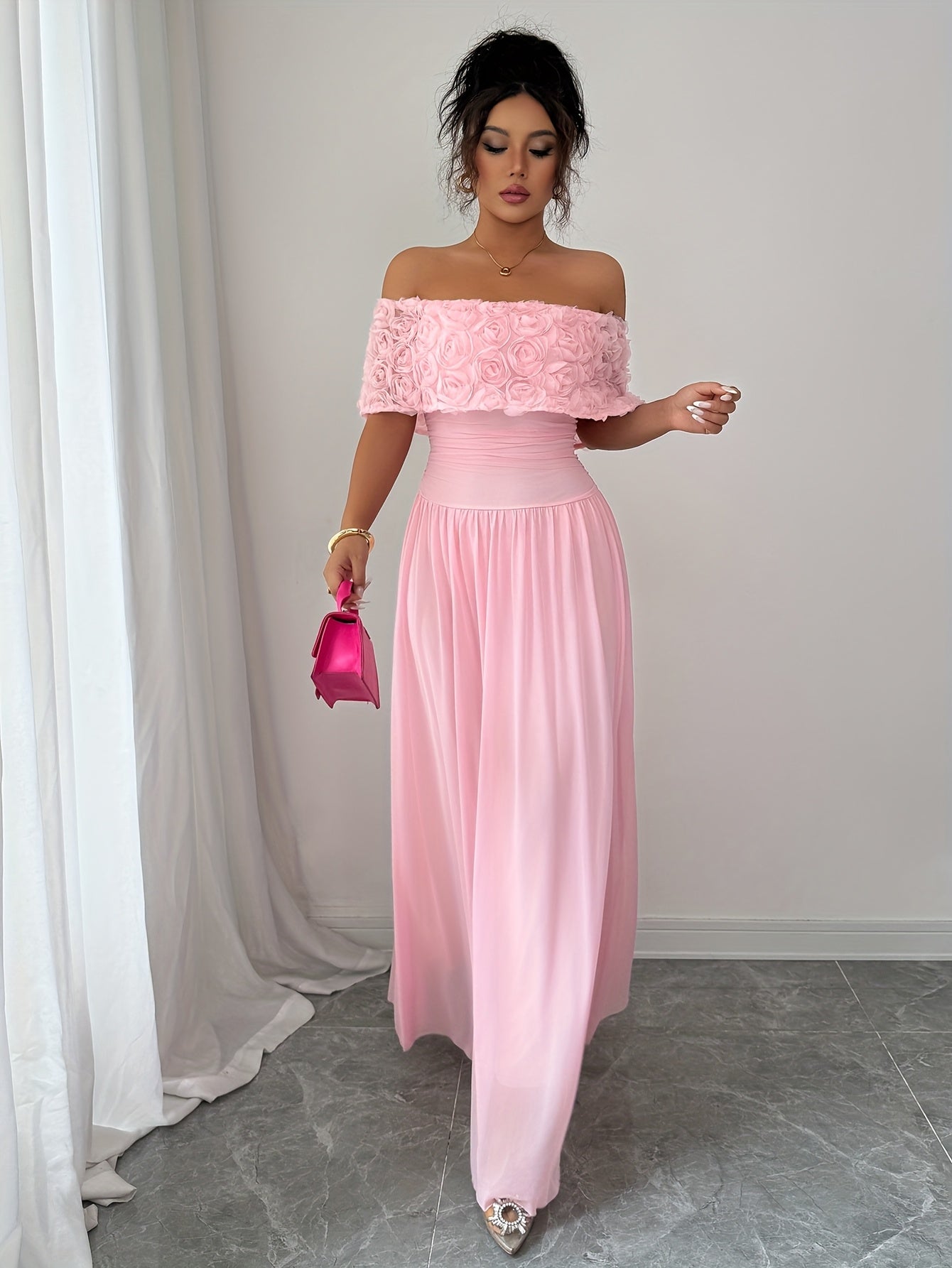 Women'S Elegant Off-Shoulder Maxi Dress - Formal Party Wedding Gown with Waist, Flattering A-Line Silhouette, Soft Pink Formal event dresses for Women - K2533418, Dresses for Wedding Guest, Evening Gown, Offshoulder Design, D